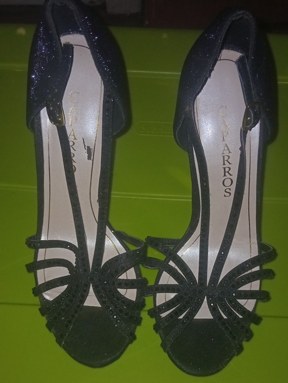 Caparros Black Glitter Strappy T-Strap Heels
